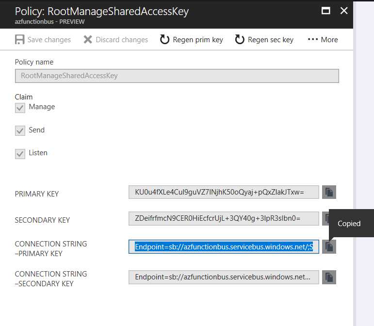 Copy the ServiceBus Connection String